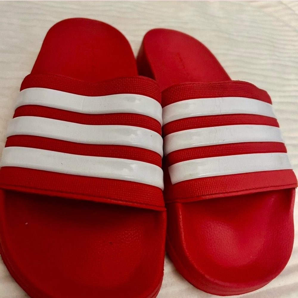 Adidas Men’s Red and White Striped Slides | Size 9 Men’s / 11 Women’s - Picture 2 of 5